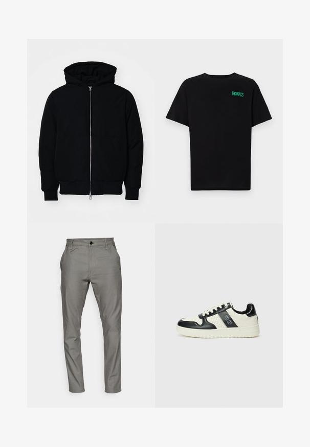 Giacca nera con cappuccio, dotata di zip frontale, tasca a marsupio, polsini e orlo a coste, esposta su uno sfondo bianco semplice.; T-shirt nera in cotone con maniche corte. Presenta un logo verde "ROOTS" sulla parte frontale, colletto rotondo e vestibilità standard.; Pantaloni grigi realizzati in un tessuto liscio, dotati di chiusura a bottone, tasche laterali e una vestibilità affusolata con dettagli cuciti.; Sneakers in pelle con una combinazione di colori nero e crema, dotati di dettagli perforati, collare imbottito e suola testurizzata.