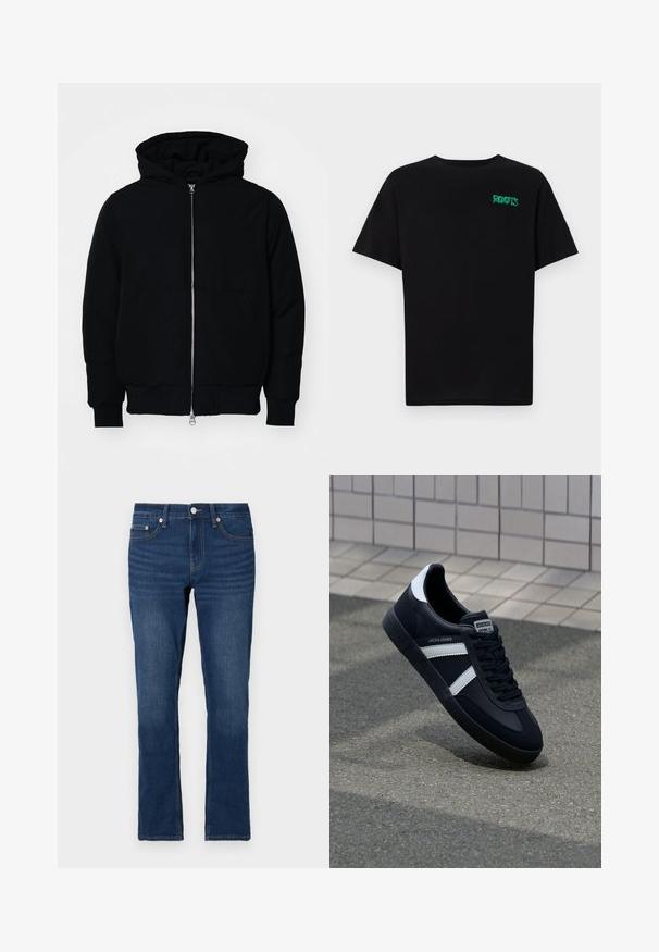 Zwarte hoodie met rits aan de voorkant, kangoeroe-pocket, geribbelde manchetten en zoom, weergegeven op een effen witte achtergrond.; Zwarte T-shirt van katoen met korte mouwen. Heeft een groen "ROOTS" logo op de voorkant, een ronde halslijn en een standaard pasvorm.; Donkerblauwe denim jeans met een rechte snit, voorzien van een ritssluiting en knoopsluiting. Zichtbare stiknaden langs de naden.; Zwarte leren sneaker met witte strepen, een gestructureerde rubberen zool en vetersluiting aan de voorkant. Voorzien van een merklabel op de tong.