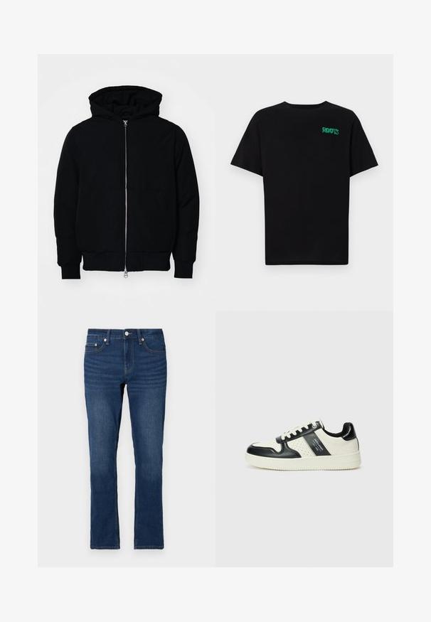 Mustaga kapuutsiga jakk, millel on esineed, kenguru tasku, soonikkoes, ja alläär, esitatud lihtsal valgel taustal.; Must t-särk, mis on valmistatud puuvillast, lühikeste varrukatega. Esipaneelil on roheline "ROOTS" logo, ümmargune kaelus ja tavapärane lõige.; Tumed sinised teksapüksid sirge lõikega, millel on lukuga ja nööbiga sulgemine. Nähtavad õmbluse detailid venitas.; Nahatud nahkkingad musta ja kreemi värviskeemiga, millel on perforeeritud aktsendid, pehme krae ja tekstureeritud tallad.