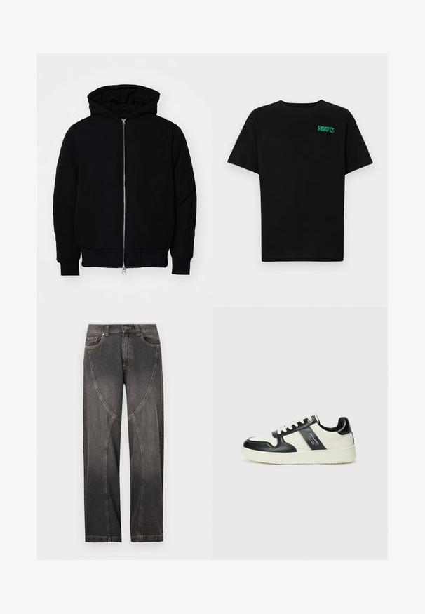 Czarna kurtka z kapturem, z suwakiem z przodu, kieszenią kangurką, ściągaczami przy mankietach i dolnym brzegu, prezentowana na jednolitym białym tle.; Czarna koszulka z bawełny z krótkim rękawem. Posiada zielone logo "ROOTS" z przodu, okrągły dekolt i standardowy krój.; Czarne dżinsy o szerokich nogawkach z kontrastowymi przeszyciami i krzywym wzorem z przodu, z pętelkami na pasek i kieszeniami z przodu.; Skórzane sneakersy w czarno-kremowym schemacie kolorystycznym, z perforowanymi akcentami, wyściełanym kołnierzem i teksturowaną podeszwą.