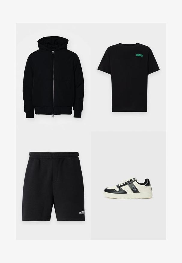 Veste à capuche noire avec fermeture éclair sur le devant, poche kangourou, poignets et ourlet côtelés, présentée sur un fond blanc uni.; T-shirt noir en coton à manches courtes. Présente un logo "ROOTS" vert sur le devant, un col rond et une coupe standard.; Shorts noirs en coton avec une taille élastique, deux poches latérales et un petit logo blanc sur le bas droit. Texture lisse.; Baskets en cuir avec un schéma de couleurs noir et crème, dotées d'accents perforés, d'un col rembourré et d'une semelle texturée.