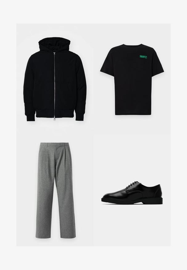 Juodas gobtuvėlis su priekiniu užtrauktuku, kengūros tipo kišene, lygiais rankogaliais ir apvadu, pateiktas ant vientiso balto fono.; Juodas medvilninis marškinėliai trumpomis rankovėmis. Priekyje yra žalias „ROOTS“ logotipas, apvalus iškirpimas ir standartinė prigludimo forma.; Pilkos tiesios kojos kelnės, pagamintos iš tekstūruoto audinio, su plaktukais priekyje ir paprastu juosmeniu, be matomų kišenėlių.; Juodas odinis klasikinis batelis su lygiu paviršiumi, apvaliu nosiu, raišteliais ir diskretišku guminio pado dizainu, užtikrinančiu sukibimą.