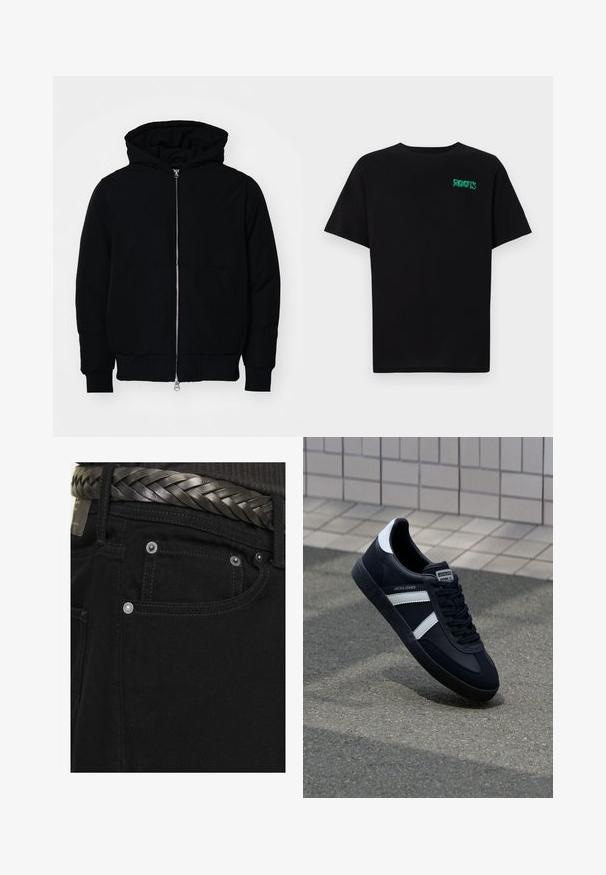 Schwarze Kapuzenjacke mit Frontreißverschluss, Kängurutasche, gerippten Bündchen und Saum, auf einem schlichten weißen Hintergrund präsentiert.; Schwarzes T-Shirt aus Baumwolle mit kurzen Ärmeln. Auf der Vorderseite befindet sich ein grünes "ROOTS"-Logo, es hat einen runden Halsauschnitt und eine normale Passform.; Jack & Jones JJIALEX JJORIGINAL - Baggy Jeans - black; Schwarze Leder-Sneaker mit weißen Streifen, strukturiertem Gummisohle und Schnürung. Verfügt über ein Markenetikett auf der Zunge.