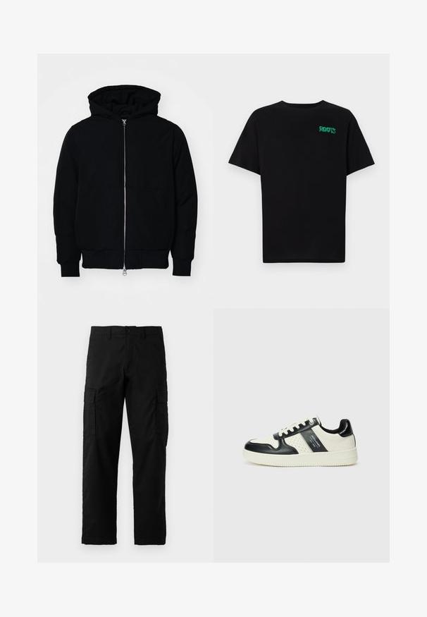 Melna kapucēta jaka ar priekšējo rāvējslēdzēju, kenguru kabatu, ribinātām aprocēm un apakšmalu, parādīta uz vienkārša balta fona.; Melna kokvilnas t-kreka ar īsām piedurknēm. Uz priekšu ir zaļa "ROOTS" logo, apaļa kakla izgriezums un standarta piegriezums.; Melnas kravas bikses, kas izgatavotas no izturīga auduma, ar sānu kabatām, taisnu piegriezumu un pogu aizdari jostasvietā.; Ādas sporta apavi ar melnbaltu krāsu shēmu, ar perforētiem akcentiem, mīkstinātu apkakli un teksturētu zoli.