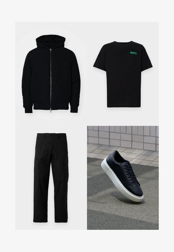 Veste à capuche noire avec fermeture éclair sur le devant, poche kangourou, poignets et ourlet côtelés, présentée sur un fond blanc uni.; T-shirt noir en coton à manches courtes. Présente un logo "ROOTS" vert sur le devant, un col rond et une coupe standard.; Pantalons cargo noirs en tissu résistant, dotés de poches latérales, d'une coupe droite et d'une fermeture à bouton au niveau de la taille.; Baskets noires en cuir avec bout arrondi et semelle en caoutchouc blanc. Elles présentent des lacets plats et une couture minimale sur la tige. Semelle texturée pour une bonne adhérence.