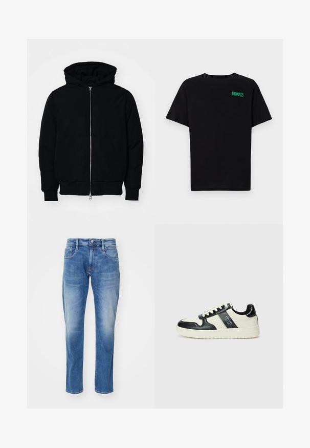 Svart huoodiejacka med framdragkedja, känguruficka, ribbade ärmslut och nederkant, uppställd mot en vit bakgrund.; Svart t-shirt i bomull med korta ärmar. Har en grön "ROOTS" logotyp på framsidan, rund halsringning och standard passform.; Ljust blå denimjeans med raka ben, femficksdesign, subtila blekningar och ett normalt midjeband med knäppning.; Läder sneakers med en svart och krämfärgad färgsättning, med perforerade detaljer, en vadderad krage och en strukturerad yttersula.