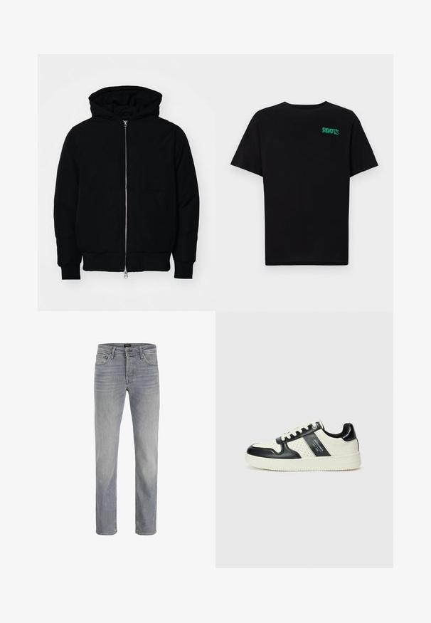 Črna kapuca jakna s sprednjim zadrgo, kenguru žepom, rebrastimi manšetami in hemom, razstavljena na enostavni beli ozadju.; Črna majica iz bombaža z kratkimi rokavi. Na sprednji strani ima zeleno logotip "ROOTS", okroglo ovratnico in standardno prileganje.; Svetlo sivi traper hlače s ravnim krojem, pet žepov in klasičnim gumbom za zapiranje. Gladka tekstura tkanine in čist zaključek.; Usnjeni športni čevlji z črno in krem barvno shemo, ki vključujejo perforirane dodatke, podložen ovratnik in strukturirano podplat.