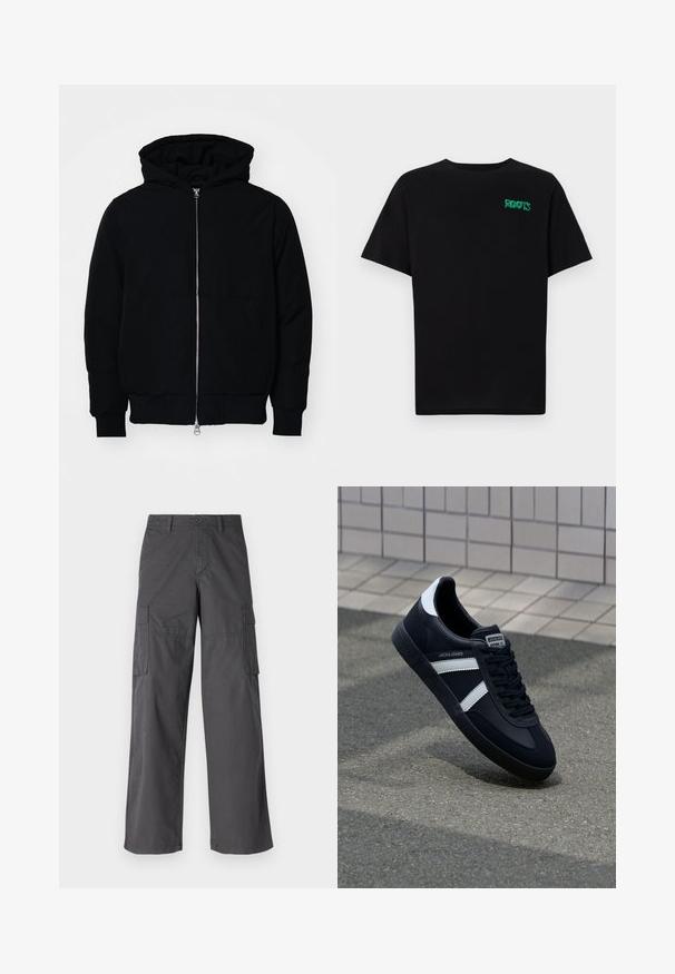 Čierna kapucňová bunda s predným zipsom, klokaními vreckami, rebrovanými manžetami a lemom, zobrazená na bielom pozadí.; Čierne tričko s krátkymi rukávmi vyrobené z bavlny. Na prednej strane má zelené logo "ROOTS", okrúhly výstrih a štandardný strih.; Jack & Jones JJKNOCKOUT WIDE FIT - Kapsáče - asphalt; Čierne kožené tenisky s bielymi pruhmi, textúrovanou gumovou podrážkou a šnurovaním vpredu. Obsahujú označenie značky na jazyku.