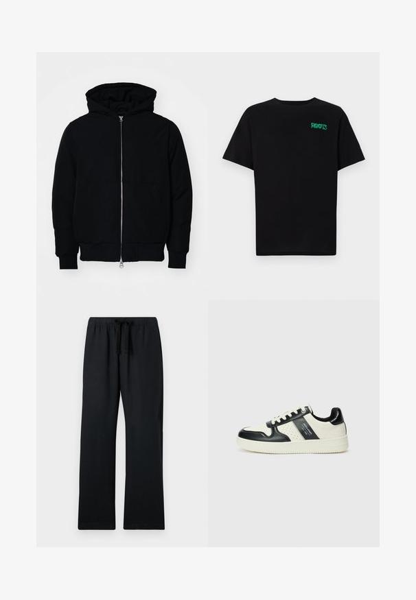 Veste à capuche noire avec fermeture éclair sur le devant, poche kangourou, poignets et ourlet côtelés, présentée sur un fond blanc uni.; T-shirt noir en coton à manches courtes. Présente un logo "ROOTS" vert sur le devant, un col rond et une coupe standard.; Pantalons noirs amples avec une taille élastique et un cordon de serrage ajustable. Tissu lisse, coupe droite et sans motifs.; Baskets en cuir avec un schéma de couleurs noir et crème, dotées d'accents perforés, d'un col rembourré et d'une semelle texturée.