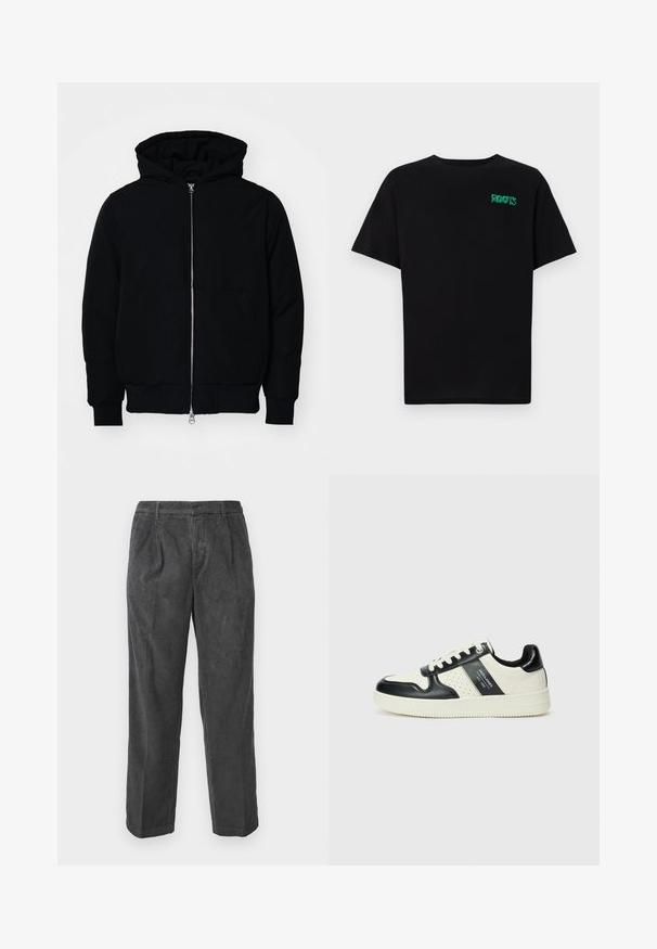 Črna kapuca jakna s sprednjim zadrgo, kenguru žepom, rebrastimi manšetami in hemom, razstavljena na enostavni beli ozadju.; Črna majica iz bombaža z kratkimi rokavi. Na sprednji strani ima zeleno logotip "ROOTS", okroglo ovratnico in standardno prileganje.; Sive hlače iz kordure s ravnim krojem, ki imajo vertikalno rebrasto teksturo, dve sprednji pregibi in standardne zanke za pas. Brez vidnih žepov.; Usnjeni športni čevlji z črno in krem barvno shemo, ki vključujejo perforirane dodatke, podložen ovratnik in strukturirano podplat.