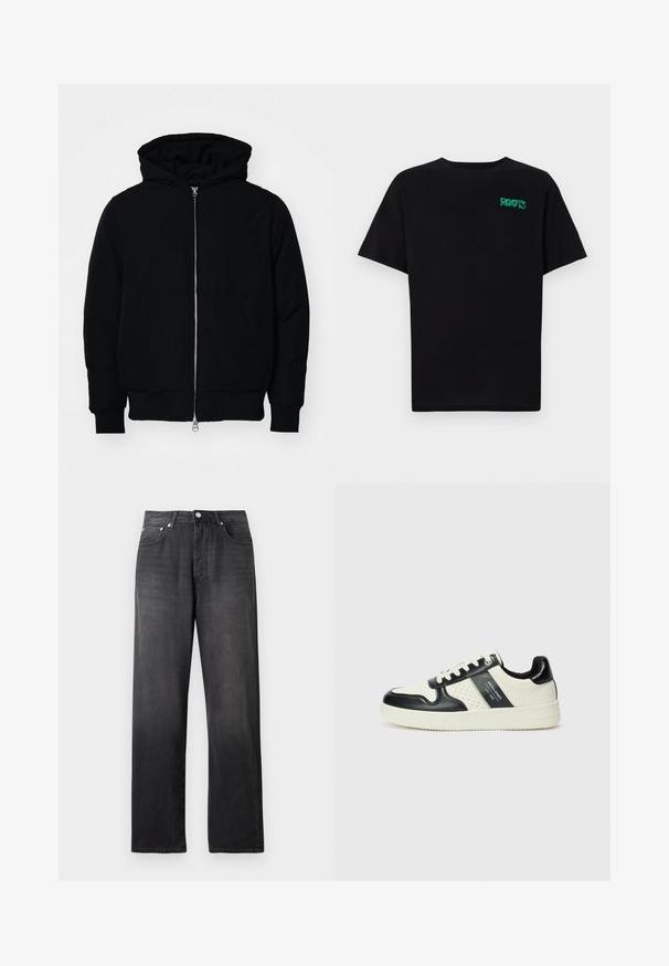 Melna kapucēta jaka ar priekšējo rāvējslēdzēju, kenguru kabatu, ribinātām aprocēm un apakšmalu, parādīta uz vienkārša balta fona.; Melna kokvilnas t-kreka ar īsām piedurknēm. Uz priekšu ir zaļa "ROOTS" logo, apaļa kakla izgriezums un standarta piegriezums.; Melni augstās jostas taisnu kāju džinsi ar priekšējām pogām un rāvējslēdzēju, divām priekšējām kabatām un vieglu izbalējuma detaļām.; Ādas sporta apavi ar melnbaltu krāsu shēmu, ar perforētiem akcentiem, mīkstinātu apkakli un teksturētu zoli.
