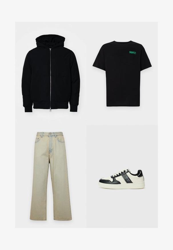 Fekete kapucnis dzseki elülső cipzárral, kenguruzsebbel, bordázott mandzsettákkal és aba, egy sima fehér háttér előtt.; Fekete, pamutból készült póló rövid ujjakkal. Elöl zöld "ROOTS" logóval, kerek nyakkivágással és normál szabással.; Világoskék, bővítettnadrág, amely denimből készült, elhasználódott hatású. Öt zsebe és elülső gombzárása van.; Fekete és krém színű bőrsneaker, perforált díszítésekkel, párnázott bokapánttal és texturált talppal.