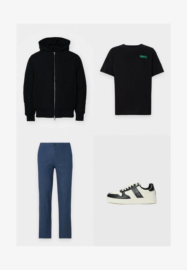 Veste à capuche noire avec fermeture éclair sur le devant, poche kangourou, poignets et ourlet côtelés, présentée sur un fond blanc uni.; T-shirt noir en coton à manches courtes. Présente un logo "ROOTS" vert sur le devant, un col rond et une coupe standard.; Pantalons bleu marine en tissu léger, présentant une coupe droite, une fermeture éclair, une fermeture à bouton et des poches latérales.; Baskets en cuir avec un schéma de couleurs noir et crème, dotées d'accents perforés, d'un col rembourré et d'une semelle texturée.