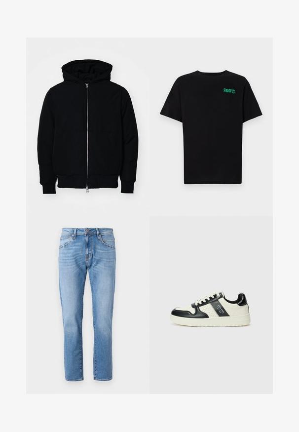 Giacca nera con cappuccio, dotata di zip frontale, tasca a marsupio, polsini e orlo a coste, esposta su uno sfondo bianco semplice.; T-shirt nera in cotone con maniche corte. Presenta un logo verde "ROOTS" sulla parte frontale, colletto rotondo e vestibilità standard.; Jeans in denim azzurro chiaro con taglio dritto, design classico a cinque tasche, leggera scoloritura e chiusura con bottone a contrasto in vita.; Sneakers in pelle con una combinazione di colori nero e crema, dotati di dettagli perforati, collare imbottito e suola testurizzata.