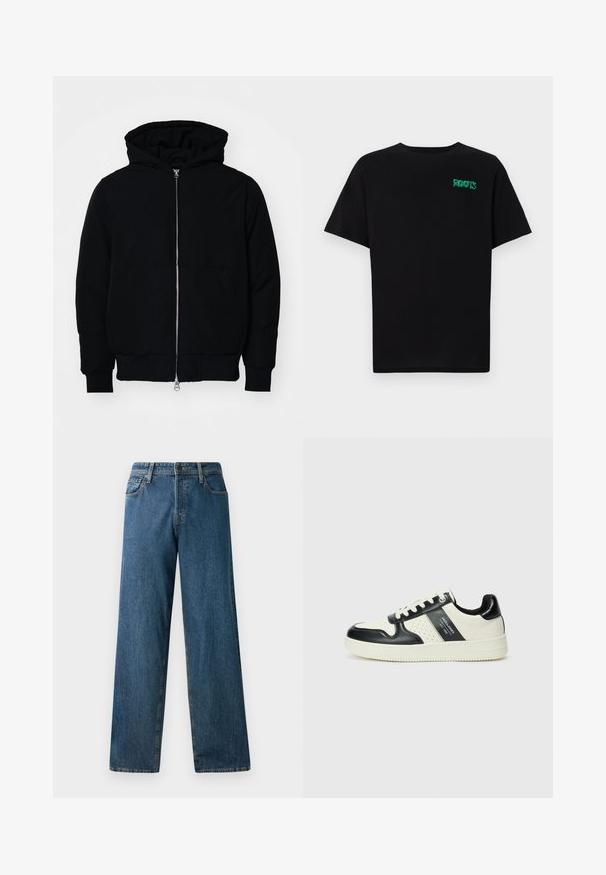 Črna kapuca jakna s sprednjim zadrgo, kenguru žepom, rebrastimi manšetami in hemom, razstavljena na enostavni beli ozadju.; Črna majica iz bombaža z kratkimi rokavi. Na sprednji strani ima zeleno logotip "ROOTS", okroglo ovratnico in standardno prileganje.; Temno modri kavbojki iz denima z ohlapnim krojem, ravnimi hlačnicami, petimi žepi in kontrastnim šivanjem. Imajo sprednje zapiranje z gumbom in zadrgo.; Usnjeni športni čevlji z črno in krem barvno shemo, ki vključujejo perforirane dodatke, podložen ovratnik in strukturirano podplat.