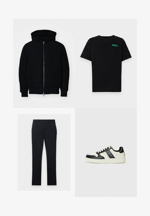 Zwarte hoodie met rits aan de voorkant, kangoeroe-pocket, geribbelde manchetten en zoom, weergegeven op een effen witte achtergrond.; Zwarte T-shirt van katoen met korte mouwen. Heeft een groen "ROOTS" logo op de voorkant, een ronde halslijn en een standaard pasvorm.; Zwarte chino's gemaakt van katoenstof, met rechte pijpen, een sluiting met knoop aan de voorkant en twee zijzakken. Glad van textuur, minimale details.; Leren sneakers met een zwart en crèmekleurig kleurenschema, voorzien van geperforeerde accenten, een gevoerde kraag en een gestructureerde buitenzool.