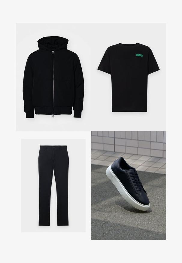 Schwarze Kapuzenjacke mit Frontreißverschluss, Kängurutasche, gerippten Bündchen und Saum, auf einem schlichten weißen Hintergrund präsentiert.; Schwarzes T-Shirt aus Baumwolle mit kurzen Ärmeln. Auf der Vorderseite befindet sich ein grünes "ROOTS"-Logo, es hat einen runden Halsauschnitt und eine normale Passform.; Schwarze Chinos aus Baumwollgewebe, mit geraden Beinen, einem Vorderknopfverschluss und zwei Seitentaschen. Glatte Textur, minimale Details.; Schwarze Leder-Sneaker mit runder Zehenpartie und weißer Gummisohle. Verfügt über flache Schnürsenkel und minimale Nähte im Obermaterial. Strukturiertes Sohlenprofil für besseren Halt.