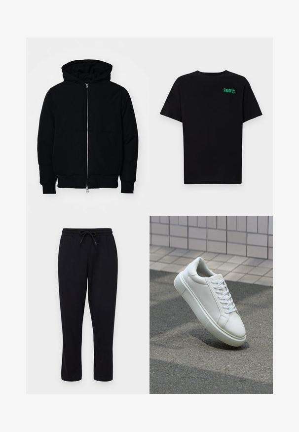 Juodas gobtuvėlis su priekiniu užtrauktuku, kengūros tipo kišene, lygiais rankogaliais ir apvadu, pateiktas ant vientiso balto fono.; Juodas medvilninis marškinėliai trumpomis rankovėmis. Priekyje yra žalias „ROOTS“ logotipas, apvalus iškirpimas ir standartinė prigludimo forma.; Only & Sons ONSCONNOR STRAIGHT PANTS - Treningo apatinė dalis - black; Balti odiniai sportbačiai su lygiu paviršiumi, apvalia nosimi ir plokščiomis baltomis raištelėmis. Yra tekstūruotas gumos padas ir minimalizmas dizaino elementuose.