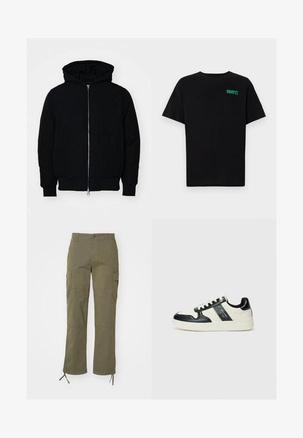 Sort hættejakke med frontlynlås, kængurulomme, ribbede manchetter og kant, præsenteret på en ensfarvet hvid baggrund.; Sort t-shirt lavet af bomuld med korte ærmer. Har et grønt "ROOTS" logo på forsiden, rund halsudskæring og almindelig pasform.; Olivenfarvede cargo-bukser med lige ben-design, der har to sidelommer og justerbare bånd ved anklerne. Lavet af slidstærkt stof.; Lædersneakers i sort og creme farveskema, med perforerede detaljer, en polstret krave og en struktureret ydersål.