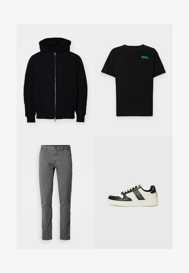 Chaqueta negra con capucha, cierre frontal, bolsillo tipo canguro, y puños y dobladillo acanalados, exhibida sobre un fondo blanco liso.; Camiseta negra de algodón con mangas cortas. Presenta un logo verde "ROOTS" en el frente, escote redondo y corte estándar.; Pantalones de algodón gris de corte slim con cierre de botón, bolsillos laterales y una textura suave. Presentan un diseño clásico y una silueta ajustada.; Zapatillas de cuero con un esquema de colores negro y crema, que cuentan con acentos perforados, un collar acolchado y una suela texturizada.