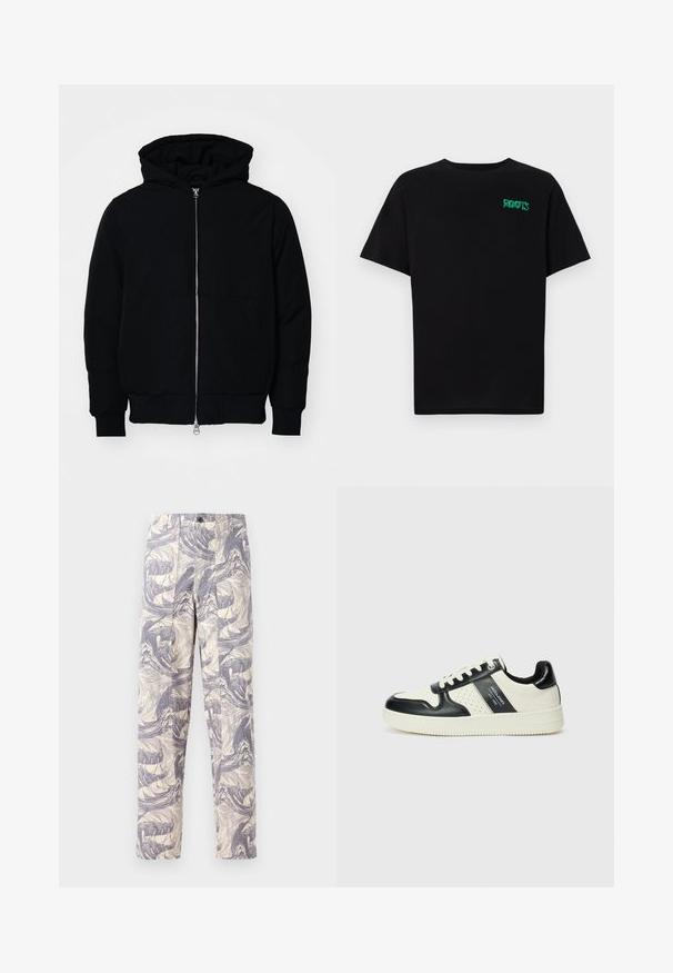 Crna kapuška jakna s prednjim zatvaračem, kenguru džepom, rebrastim manžetama i rubom, prikazana na običnoj bijeloj pozadini.; Crna majica kratkih rukava od pamuka. Na prednjem dijelu se nalazi zeleni "ROOTS" logo, okrugli izrez i standardni kroj.; Lagani kremasti hlače s plavim apstraktnim valovitim uzorkom. Imaju ravni kroj, s dva prednja nabora i dugmetom za zatvaranje.; Kožne tenisice s crno-bijelom paletom boja, koje imaju perforirane akcentne detalje, podstavljeni ovratnik i teksturiranu potplat.