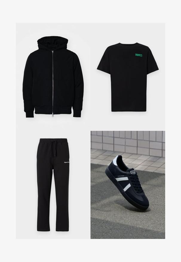 Schwarze Kapuzenjacke mit Frontreißverschluss, Kängurutasche, gerippten Bündchen und Saum, auf einem schlichten weißen Hintergrund präsentiert.; Schwarzes T-Shirt aus Baumwolle mit kurzen Ärmeln. Auf der Vorderseite befindet sich ein grünes "ROOTS"-Logo, es hat einen runden Halsauschnitt und eine normale Passform.; Schwarze Jogginghose mit elastischem Bund und verstellbarem Kordelzug. Mit gesticktem Logo am Oberschenkel und geradem Bein-Design.; Schwarze Leder-Sneaker mit weißen Streifen, strukturiertem Gummisohle und Schnürung. Verfügt über ein Markenetikett auf der Zunge.