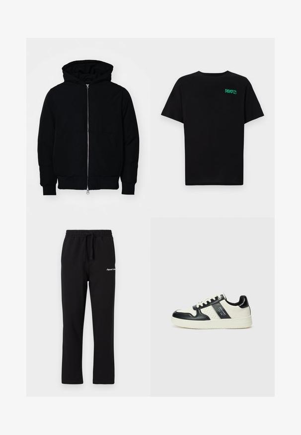 Čierna kapucňová bunda s predným zipsom, klokaními vreckami, rebrovanými manžetami a lemom, zobrazená na bielom pozadí.; Čierne tričko s krátkymi rukávmi vyrobené z bavlny. Na prednej strane má zelené logo "ROOTS", okrúhly výstrih a štandardný strih.; Čierne tepláky s elastickým pásom a nastaviteľnou šnúrkou. Obsahujú vyšívané logo na stehne a rovný strih.; Kožené tenisky v čierno-krémovej farbe, s perforovanými akcentmi, polstrovaným golierom a štruktúrovanou podrážkou.