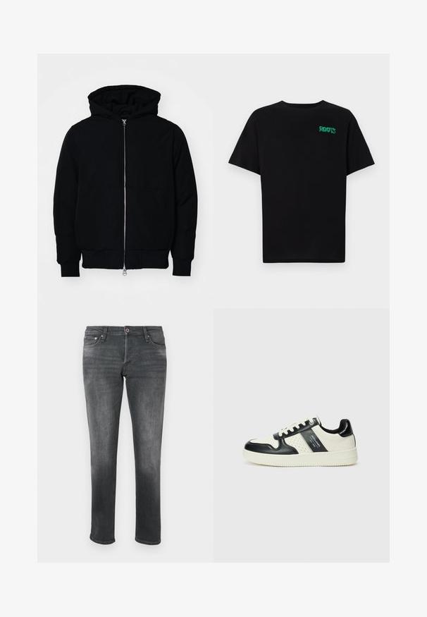 Črna kapuca jakna s sprednjim zadrgo, kenguru žepom, rebrastimi manšetami in hemom, razstavljena na enostavni beli ozadju.; Črna majica iz bombaža z kratkimi rokavi. Na sprednji strani ima zeleno logotip "ROOTS", okroglo ovratnico in standardno prileganje.; Sive traperice s ravnim krojem, ki imajo gumbasto zapiranje, obliko s petimi žepi in subtilne teksturne različice.; Usnjeni športni čevlji z črno in krem barvno shemo, ki vključujejo perforirane dodatke, podložen ovratnik in strukturirano podplat.