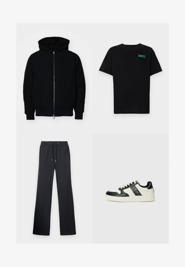 Melna kapucēta jaka ar priekšējo rāvējslēdzēju, kenguru kabatu, ribinātām aprocēm un apakšmalu, parādīta uz vienkārša balta fona.; Melna kokvilnas t-kreka ar īsām piedurknēm. Uz priekšu ir zaļa "ROOTS" logo, apaļa kakla izgriezums un standarta piegriezums.; Melnas platās bikses, izgatavotas no mīksta auduma. Tām ir elastīgs jostasvīrs ar auklu un viegla spīduma virsma. Nav redzamu rakstu vai akcentu.; Ādas sporta apavi ar melnbaltu krāsu shēmu, ar perforētiem akcentiem, mīkstinātu apkakli un teksturētu zoli.