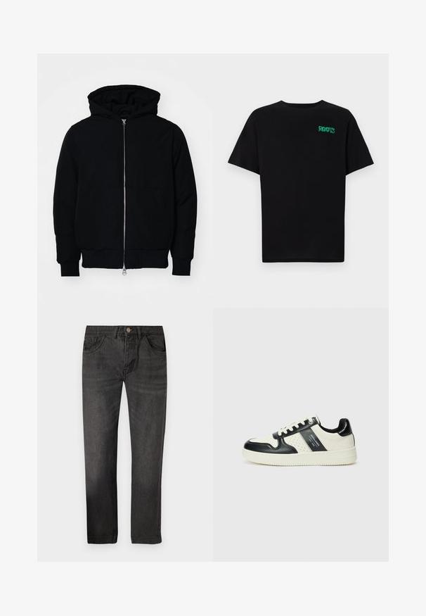 Mustaga kapuutsiga jakk, millel on esineed, kenguru tasku, soonikkoes, ja alläär, esitatud lihtsal valgel taustal.; Must t-särk, mis on valmistatud puuvillast, lühikeste varrukatega. Esipaneelil on roheline "ROOTS" logo, ümmargune kaelus ja tavapärane lõige.; Mustadest denimist valmistatud sirge lõikega teksad, viie taskuga ja nööbiga. Kangas on sileda tekstuuriga ning kerge kulumise efektiga.; Nahatud nahkkingad musta ja kreemi värviskeemiga, millel on perforeeritud aktsendid, pehme krae ja tekstureeritud tallad.