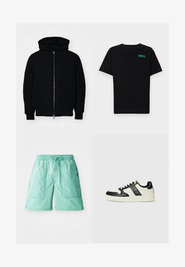Črna kapuca jakna s sprednjim zadrgo, kenguru žepom, rebrastimi manšetami in hemom, razstavljena na enostavni beli ozadju.; Črna majica iz bombaža z kratkimi rokavi. Na sprednji strani ima zeleno logotip "ROOTS", okroglo ovratnico in standardno prileganje.; Mete zelene kratke hlače iz lahkega materiala, s spretnim pasom, vrvico in dvema stranskima žepoma z našitimi detajli.; Usnjeni športni čevlji z črno in krem barvno shemo, ki vključujejo perforirane dodatke, podložen ovratnik in strukturirano podplat.