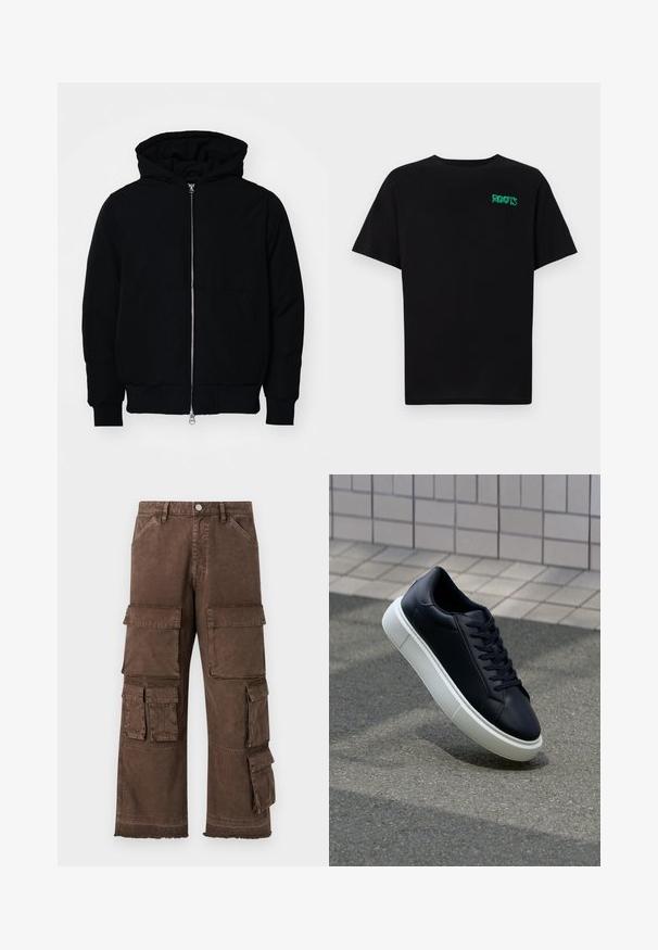 Mustaga kapuutsiga jakk, millel on esineed, kenguru tasku, soonikkoes, ja alläär, esitatud lihtsal valgel taustal.; Must t-särk, mis on valmistatud puuvillast, lühikeste varrukatega. Esipaneelil on roheline "ROOTS" logo, ümmargune kaelus ja tavapärane lõige.; Pruunid cargo püksid, millel on lõtv lõige, mitmed küljetaskud ja narmastega äär. Valmistatud vastupidavast, tekstuuriga kangast vastupidavuse tagamiseks.; Mustast nahast tennisetoss, millel on ümar nina ja valge kummist tall. Omab siredaid paelu ja minimaalset õmblemist ülemises osas. Tekstuuriga tald, mis tagab haakuvuse.