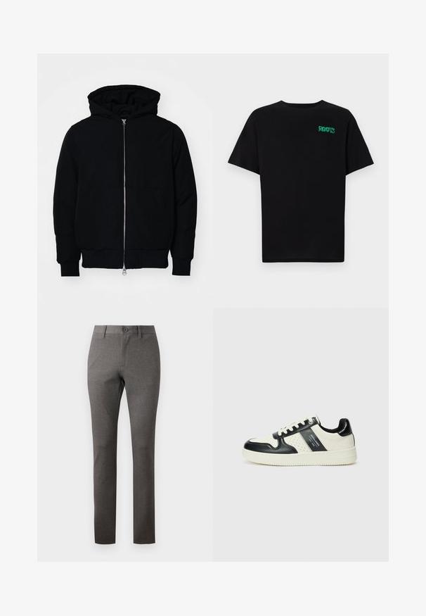 Veste à capuche noire avec fermeture éclair sur le devant, poche kangourou, poignets et ourlet côtelés, présentée sur un fond blanc uni.; T-shirt noir en coton à manches courtes. Présente un logo "ROOTS" vert sur le devant, un col rond et une coupe standard.; Pantalons gris avec un tissu texturé, coupe droite, poches avant et une fermeture à bouton unique à la taille.; Baskets en cuir avec un schéma de couleurs noir et crème, dotées d'accents perforés, d'un col rembourré et d'une semelle texturée.