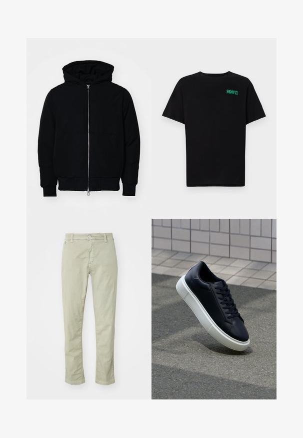 Veste à capuche noire avec fermeture éclair sur le devant, poche kangourou, poignets et ourlet côtelés, présentée sur un fond blanc uni.; T-shirt noir en coton à manches courtes. Présente un logo "ROOTS" vert sur le devant, un col rond et une coupe standard.; Pantalons en coton vert clair avec une coupe slim, dotés d'une fermeture à bouton, d'un design à cinq poches et de subtils détails de couture.; Baskets noires en cuir avec bout arrondi et semelle en caoutchouc blanc. Elles présentent des lacets plats et une couture minimale sur la tige. Semelle texturée pour une bonne adhérence.