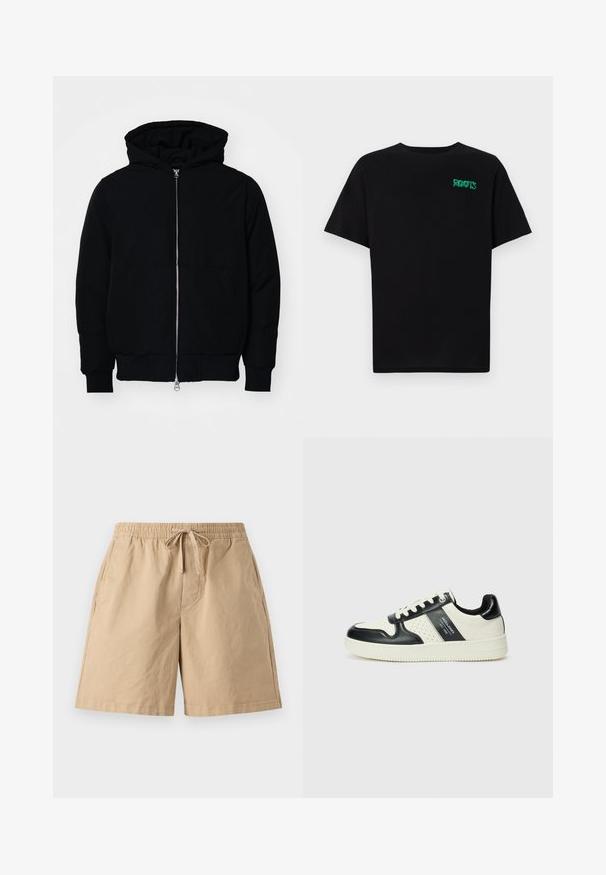 Veste à capuche noire avec fermeture éclair sur le devant, poche kangourou, poignets et ourlet côtelés, présentée sur un fond blanc uni.; T-shirt noir en coton à manches courtes. Présente un logo "ROOTS" vert sur le devant, un col rond et une coupe standard.; Shorts en coton beige avec une taille élastique et un cordon de serrage réglable, intégrant des poches latérales et une coupe décontractée. Texture lisse, longueur genou.; Baskets en cuir avec un schéma de couleurs noir et crème, dotées d'accents perforés, d'un col rembourré et d'une semelle texturée.