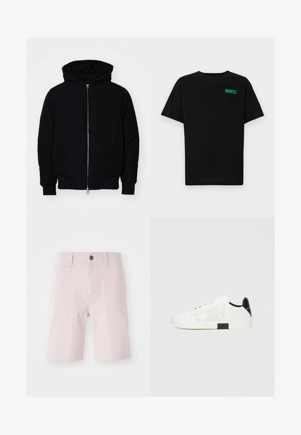 Black hooded jacket with front zipper, kangaroo pocket, ribbed cuffs, and hem, displayed on a plain white background.; Black t-shirt made of cotton with short sleeves. Features a green "ROOTS" logo on the front, round neckline, and standard fit.; Light pink shorts made of cotton, featuring a flat front, belt loops, a single button closure, and side pockets. Smooth texture.; White sneakers with perforated design, black heel accent, and white rubber sole. Features laces and logo on the side. Smooth leather texture.