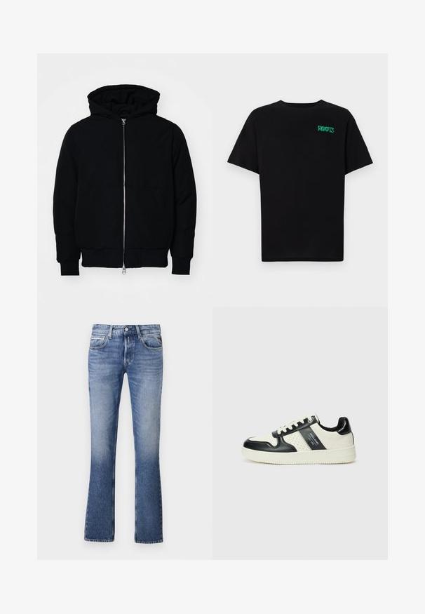 Svart huoodiejacka med framdragkedja, känguruficka, ribbade ärmslut och nederkant, uppställd mot en vit bakgrund.; Svart t-shirt i bomull med korta ärmar. Har en grön "ROOTS" logotyp på framsidan, rund halsringning och standard passform.; Ljusblå denimjeans med en utsvängd ben-design, som har fem fickor, en framknapppning och en diskret blekning över hela. ; Läder sneakers med en svart och krämfärgad färgsättning, med perforerade detaljer, en vadderad krage och en strukturerad yttersula.