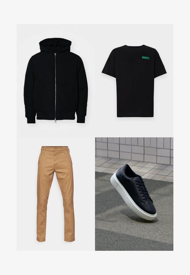 Črna kapuca jakna s sprednjim zadrgo, kenguru žepom, rebrastimi manšetami in hemom, razstavljena na enostavni beli ozadju.; Črna majica iz bombaža z kratkimi rokavi. Na sprednji strani ima zeleno logotip "ROOTS", okroglo ovratnico in standardno prileganje.; G-STAR Hlače chino - kangaroo; Črne usnjene superge z zaobljenim prstom in belim gumijastim podplat. Imajo ravne vezalke in minimalno šivanje na zgornjem delu. Teksturirani podplat za oprijem.