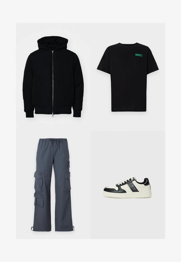 Black hooded jacket with front zipper, kangaroo pocket, ribbed cuffs, and hem, displayed on a plain white background.; Black t-shirt made of cotton with short sleeves. Features a green "ROOTS" logo on the front, round neckline, and standard fit.; Dark gray cargo pants with an elastic waistband, multiple large pockets on the sides, and adjustable cuffs at the ankles.; Leather sneakers with a black and cream color scheme, featuring perforated accents, a padded collar, and a textured outsole.