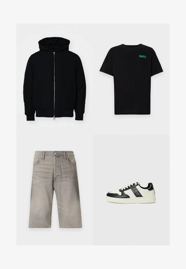 Czarna kurtka z kapturem, z suwakiem z przodu, kieszenią kangurką, ściągaczami przy mankietach i dolnym brzegu, prezentowana na jednolitym białym tle.; Czarna koszulka z bawełny z krótkim rękawem. Posiada zielone logo "ROOTS" z przodu, okrągły dekolt i standardowy krój.; Szare dżinsowe szorty o prostym kroju nogawki, z guzikiem, pięcioma kieszeniami i delikatnym wyblaknięciem materiału.; Skórzane sneakersy w czarno-kremowym schemacie kolorystycznym, z perforowanymi akcentami, wyściełanym kołnierzem i teksturowaną podeszwą.