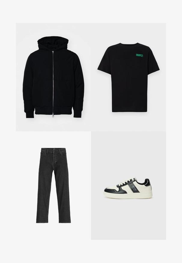 Črna kapuca jakna s sprednjim zadrgo, kenguru žepom, rebrastimi manšetami in hemom, razstavljena na enostavni beli ozadju.; Črna majica iz bombaža z kratkimi rokavi. Na sprednji strani ima zeleno logotip "ROOTS", okroglo ovratnico in standardno prileganje.; Črne kavbojke z ravnim krojem, ki vključujejo zadrgo, paski in šest žepov, narejene iz trpežne mešanice bombaža.; Usnjeni športni čevlji z črno in krem barvno shemo, ki vključujejo perforirane dodatke, podložen ovratnik in strukturirano podplat.