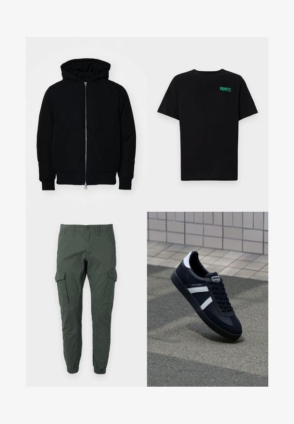 Zwarte hoodie met rits aan de voorkant, kangoeroe-pocket, geribbelde manchetten en zoom, weergegeven op een effen witte achtergrond.; Zwarte T-shirt van katoen met korte mouwen. Heeft een groen "ROOTS" logo op de voorkant, een ronde halslijn en een standaard pasvorm.; Jack & Jones JPSTPAUL FLAKE - Cargobroek - urban chic; Zwarte leren sneaker met witte strepen, een gestructureerde rubberen zool en vetersluiting aan de voorkant. Voorzien van een merklabel op de tong.