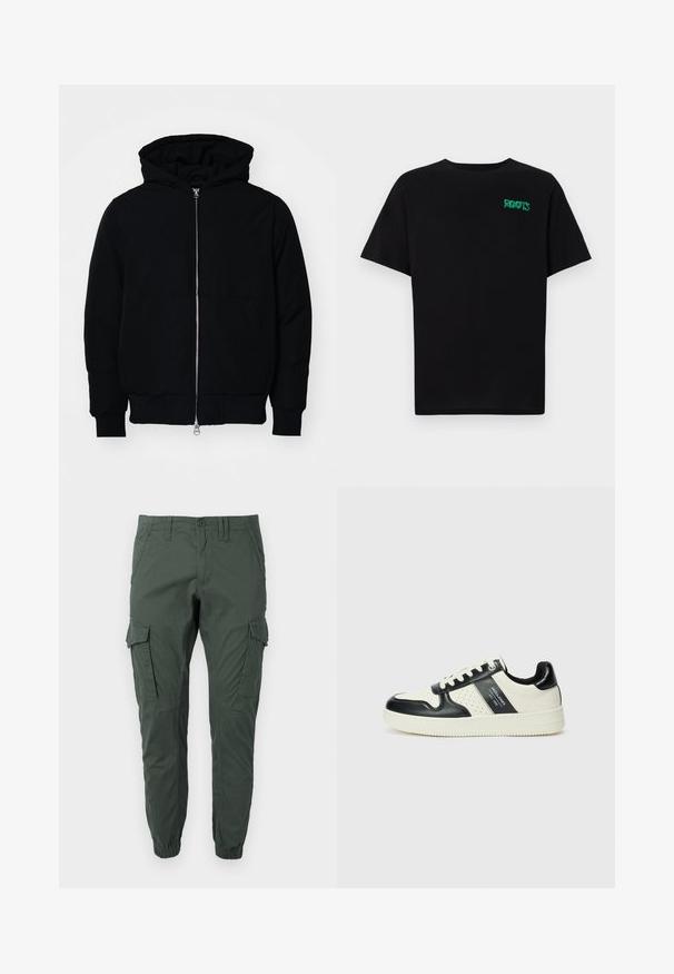 Črna kapuca jakna s sprednjim zadrgo, kenguru žepom, rebrastimi manšetami in hemom, razstavljena na enostavni beli ozadju.; Črna majica iz bombaža z kratkimi rokavi. Na sprednji strani ima zeleno logotip "ROOTS", okroglo ovratnico in standardno prileganje.; Jack & Jones JPSTPAUL FLAKE - Hlačami s stranskimi žepi - urban chic; Usnjeni športni čevlji z črno in krem barvno shemo, ki vključujejo perforirane dodatke, podložen ovratnik in strukturirano podplat.