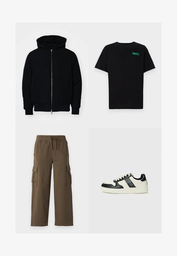Chaqueta negra con capucha, cierre frontal, bolsillo tipo canguro, y puños y dobladillo acanalados, exhibida sobre un fondo blanco liso.; Camiseta negra de algodón con mangas cortas. Presenta un logo verde "ROOTS" en el frente, escote redondo y corte estándar.; Pantalones cargo con una cinturilla elástica, cordón y dos bolsillos laterales. Hechos de una suave tela marrón con un diseño relajado de pierna ancha.; Zapatillas de cuero con un esquema de colores negro y crema, que cuentan con acentos perforados, un collar acolchado y una suela texturizada.