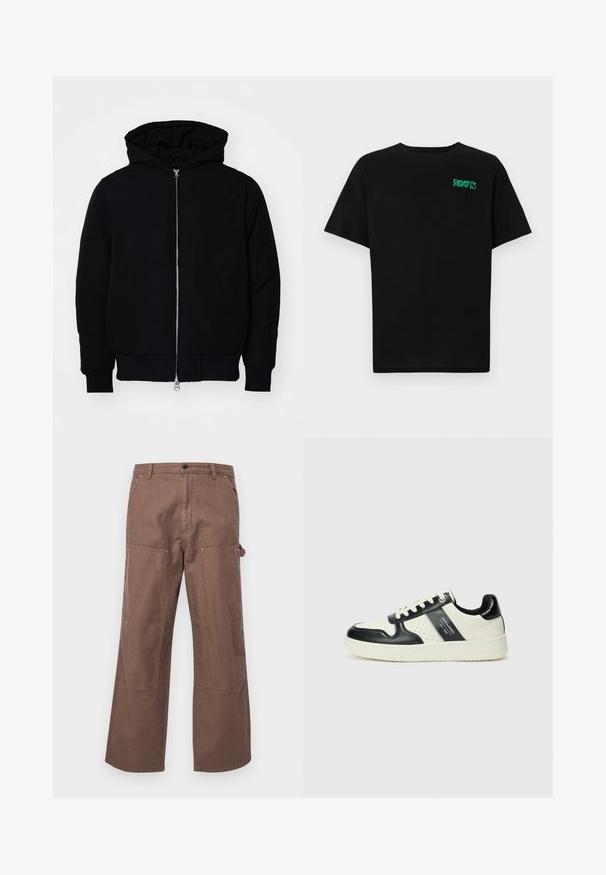 Svart hettejakke med frontglidelås, kengurulomme, ribbestrikket mansjetter og søm, vist på en ensfarget hvit bakgrunn.; svart t-skjorte laget av bomull med korte ermer. Har et grønt "ROOTS"-logo på forsiden, rund halsutringning og standard passform.; Brune bomullscargo bukser med en avslappet passform, side lommer, og store kne-lapper for ekstra slitestyrke og stil.; Lædersneakers med sort og creme farveskema, der har perforerede detaljer, en polstret krave og en struktureret ydersål.