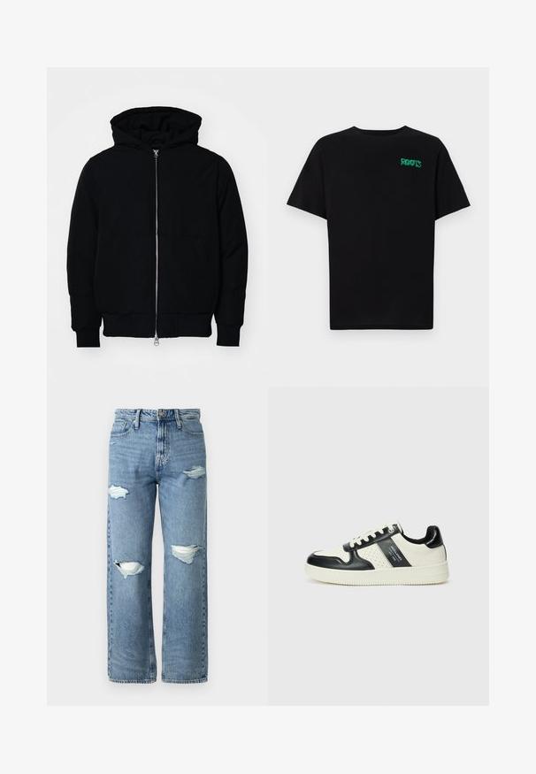 Svart huoodiejacka med framdragkedja, känguruficka, ribbade ärmslut och nederkant, uppställd mot en vit bakgrund.; Svart t-shirt i bomull med korta ärmar. Har en grön "ROOTS" logotyp på framsidan, rund halsringning och standard passform.; Ljusblå denimjeans med hög midja och vida ben, som har två slitna knäskärningar och en klassisk femficksdesign.; Läder sneakers med en svart och krämfärgad färgsättning, med perforerade detaljer, en vadderad krage och en strukturerad yttersula.