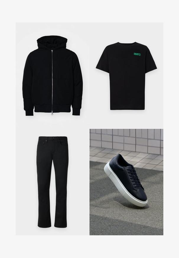 Črna kapuca jakna s sprednjim zadrgo, kenguru žepom, rebrastimi manšetami in hemom, razstavljena na enostavni beli ozadju.; Črna majica iz bombaža z kratkimi rokavi. Na sprednji strani ima zeleno logotip "ROOTS", okroglo ovratnico in standardno prileganje.; Črne denim hlače s ravnim krojem, zasnovo s petimi žepi, kontrastnimi šivi in kovinsko opremo. Gladek videz, klasičen stil.; Črne usnjene superge z zaobljenim prstom in belim gumijastim podplat. Imajo ravne vezalke in minimalno šivanje na zgornjem delu. Teksturirani podplat za oprijem.