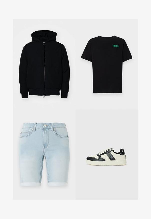 Melna kapucēta jaka ar priekšējo rāvējslēdzēju, kenguru kabatu, ribinātām aprocēm un apakšmalu, parādīta uz vienkārša balta fona.; Melna kokvilnas t-kreka ar īsām piedurknēm. Uz priekšu ir zaļa "ROOTS" logo, apaļa kakla izgriezums un standarta piegriezums.; Gai zilgani denima šorti ar salocītu apakšmali, klasisku piecu kabatu dizainu un priekšējo pogu aizdari. Gluda tekstūra ar vieglu izbalējumu.; Ādas sporta apavi ar melnbaltu krāsu shēmu, ar perforētiem akcentiem, mīkstinātu apkakli un teksturētu zoli.