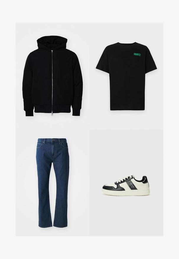 Svart huoodiejacka med framdragkedja, känguruficka, ribbade ärmslut och nederkant, uppställd mot en vit bakgrund.; Svart t-shirt i bomull med korta ärmar. Har en grön "ROOTS" logotyp på framsidan, rund halsringning och standard passform.; Mörkblå denimjeans med rak benmodell, knapp och dragkedja framtill, bältesöglor samt fram- och bakfickor.; Läder sneakers med en svart och krämfärgad färgsättning, med perforerade detaljer, en vadderad krage och en strukturerad yttersula.