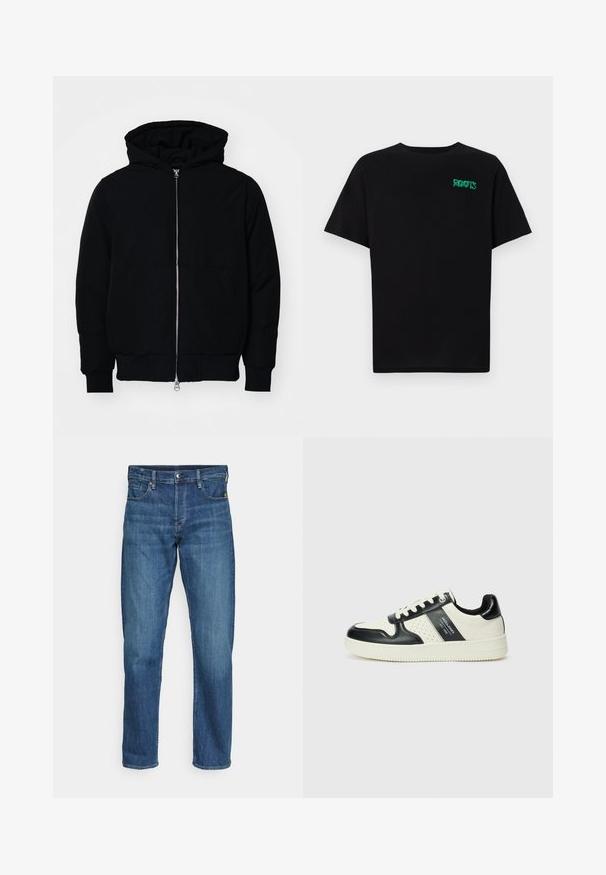 Mustat huppu-untuvatakki, jossa on vetoketju edessä, kenguru-tasku, ribatut hihansuut ja helma, esillä yksinkertaisella valkoisella taustalla.; Mustat t-paidat, jotka on valmistettu puuvillasta ja joissa on lyhyet hihat. Edessä vihreä "ROOTS"-logo, pyöreä kaula-aukko ja normaali istuvuus.; Siniset farkut suoran lahkeiden leikkauksella, jossa on viisi taskua, etunapit ja pieni haalistuminen tekstuurin vuoksi.; Nahkakengät musta-kerma värimaailmassa, joissa on rei'itetyt yksityiskohdat, pehmustettu nilkkaosa ja teksturoitu pohja.